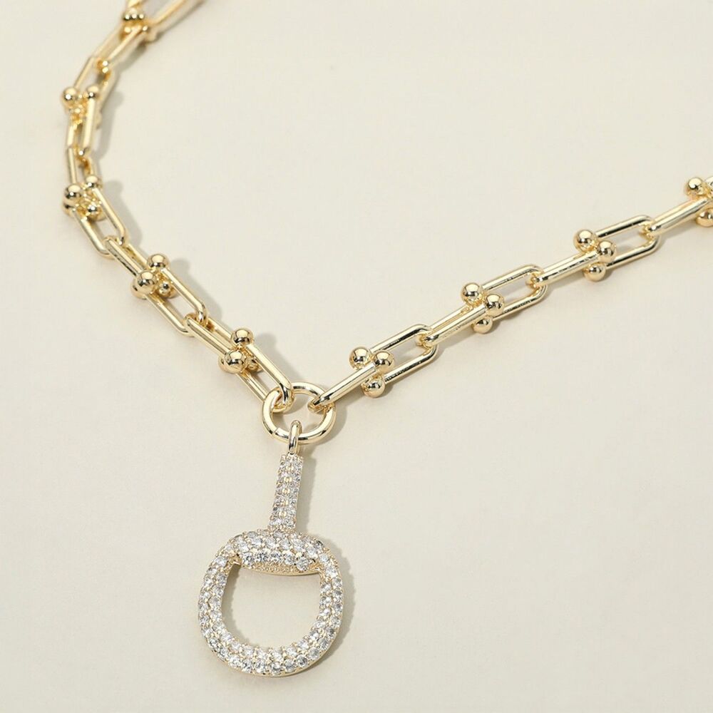 Gold Horsebit U-Link Industrial Chain CZ Rhinestone Crystal Pendant Necklace